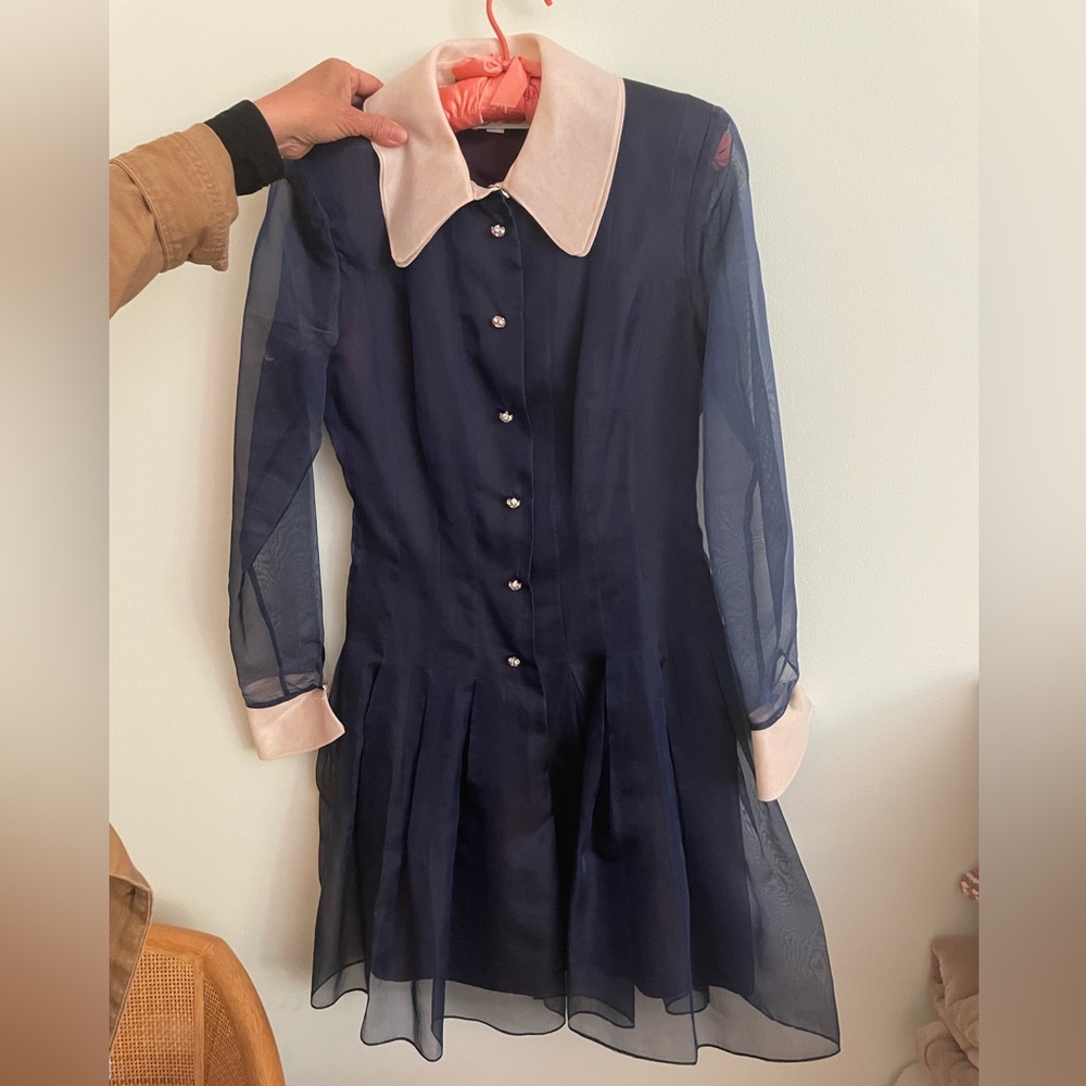 Vintage sheer sleeved drop waist navy dress from Farinae collection